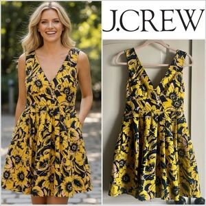 J. Crew Yellow Navy Floral Fit and Flare Dress with Pockets Size 2